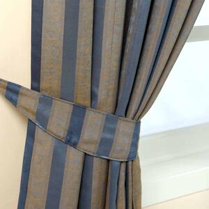 Homescapes Blue and Gold Jacquard Tie Back Pair Modern Striped Design