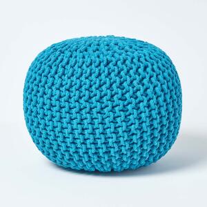 Homescapes Teal Blue Knitted Cotton Pouffe Footstool Round 35 x 40 cm