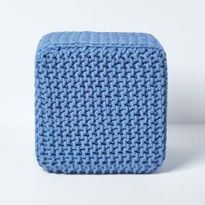 Homescapes Blue Knitted Cotton Cube Footstool 35 x 35 x 35 cm