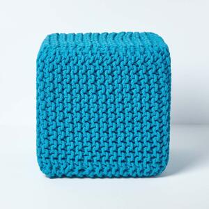 Homescapes Teal Knitted Cotton Cube Footstool 35 x 35 x 35 cm