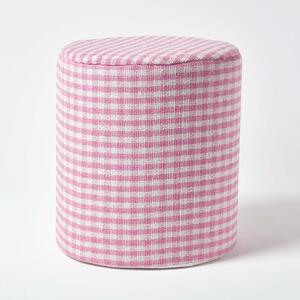 Homescapes Pink Gingham Check Round Pouffe Cotton 40 x 42 cm