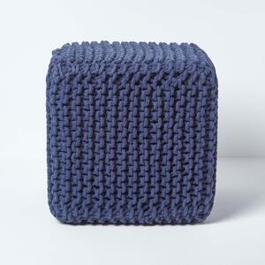 Homescapes Navy Blue Knitted Cotton Cube Footstool 35 x 35 x 35 cm