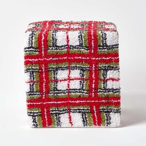 Red and White Tartan Pattern Tufted Cotton Cube Pouffe 36 x 36 x 38 cm