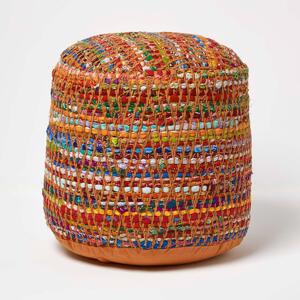 Red and Multi-Colour Chindi Design Circular Bean Filled Pouffe