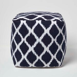 Small Ikat Design Blue and Natural Colour Square Bean Filled Pouffe