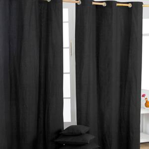 Cotton Plain Black Ready Made Eyelet Curtain Pair, 117 x 137 cm