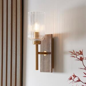 Endon 118365 Grove Wall Light In Dark Beech Wood And Vintage Brass With Clear Ribbed Glass Shade
