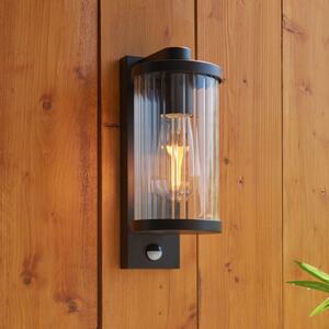 Endon 120537 Newcombe PIR Outdoor Wall Light In Matt Black With Clear Ribbed Glass Shade