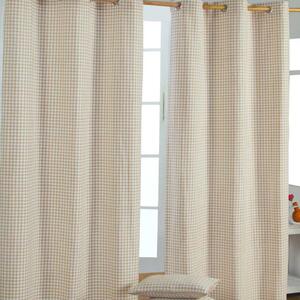 Cotton Gingham Check Beige Ready Made Eyelet Curtains 117 x 137 cm