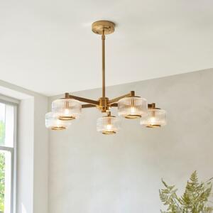 Endon 120635 Stamford 5 Light Ceiling Pendant Light In Brushed Aged Brass With Ribbed Glass