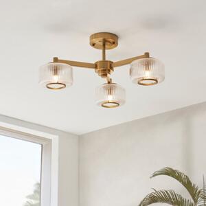Endon 120634 Stamford 3 Light Semi Flush Ceiling Light In Brushed Aged Brass With Ribbed Glass