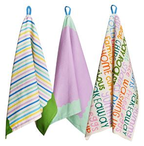 Raspberry Blossom Set of 3 Cotton Printed Tea Towels with Hanging Loop White