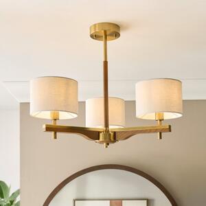 Endon 116993 Heathcliff 3 Light Semi Flush In Aged Brass Finish With Natural Linen Shades