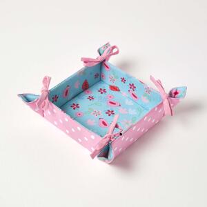 Reversible Fabric Bread Basket Birds & Flowers Foldable Basket