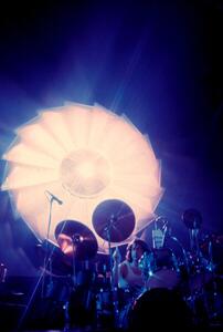 Photography February 1977: concert of rock band Pink Floyd at the Paris Pavilion: drummer Nick Mason