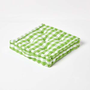 Homescapes Cotton Green Block Check Gingham Floor Cushion, 50 x 50 cm