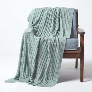 Homescapes Cotton Cable Knit Throw Duck Egg Blue, 130 x 170 cm