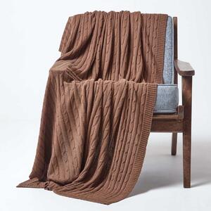 Homescapes Cotton Cable Knit Throw, Chocolate, 130 x 170 cm