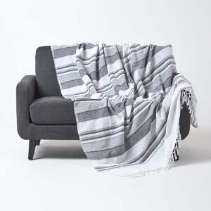 Homescapes Cotton Morocco Striped Monochrome Throw, 150 x 200 cm