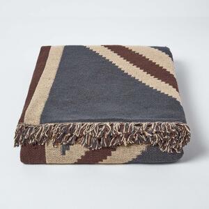 Homescapes 100% Cotton Union Jack Throw, 125 x 150 cm, Navy Blue, Cream, Brown, Flag, For Bed or Sofa, Handcrafted, OEKO-TEX Certified, 49 x 59"