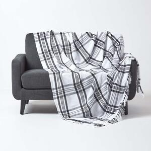 Homescapes White & Black Tartan Check Sofa and Bed Throw, 150 x 200 cm