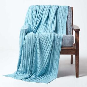 Homescapes Cotton Cable Knit Pastel Blue Throw, 130 x 170 cm