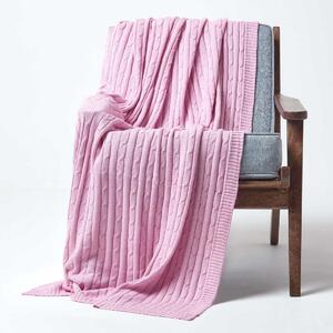 Homescapes Cotton Cable Knit Pastel Pink Throw, 130 x 170 cm