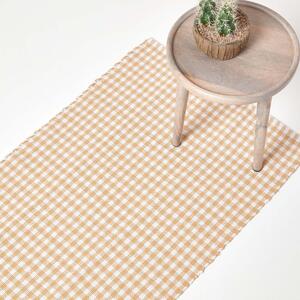 Cotton Gingham Check Hall Runner Hand Woven Beige White, 66 x 200 cm