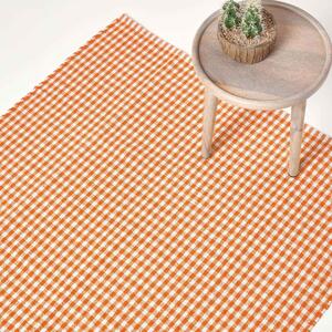 Cotton Gingham Check Rug Hand Woven Orange White, 60 x 90 cm