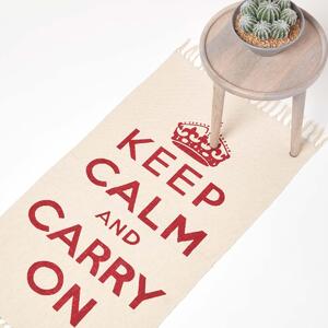 Keep Calm And Carry On Red White Rug Hand Woven Base, 60 x 100 cm