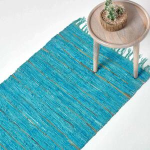 Homescapes Leather Glitter Rug Gold & Turquoise, 66 x 200cm Runner