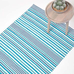 Modern Blue Scandinavian Style Striped Cotton Rug, 60 x 100 cm