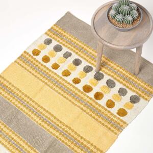 Cotton Chenille Striped Tufted Circle Rug Grey Mustard Yellow 60 x 100cm