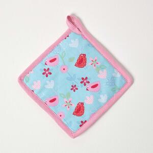 Homescapes Cotton Birds and Flowers Pink Blue Pot Holder