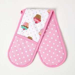 Homescapes Cotton Cupcakes Pink Blue Double Oven Glove