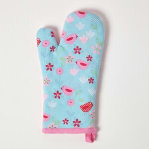 Homescapes Cotton Birds and Flowers Pink Blue Oven Glove