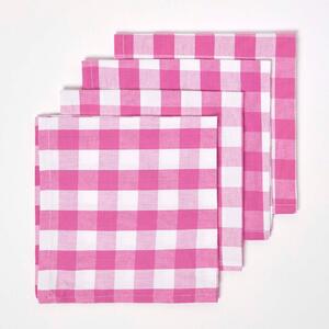 Homescapes Pink Block Check Gingham Cotton Fabric 4 Napkins Set