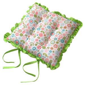 Reversible Green Frilled Cushion Seat Pad with Ties Retro Flower