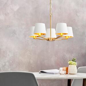 Endon 67734 Harvey 5 Light Ceiling Pendant In Brushed Gold With Vintage White Faux Silk Shades