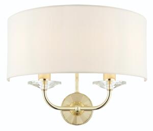 Endon 70562 Nixon 2 Light Wall Light In Brass WIth Crystal Glass And Vintage White Faux Silk Shade