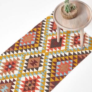 Oslo Handwoven Orange, Brown and Yellow Multi Coloured 100% Cotton Diamond Pattern Hallway Runner, 66 x 200 cm