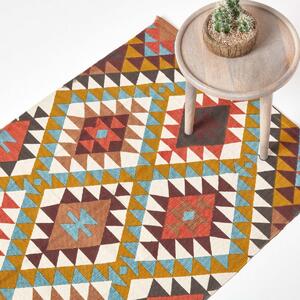 Oslo Handwoven Orange, Brown and Yellow Multi Coloured 100% Cotton Diamond Pattern Rug, 90 x 150 cm