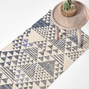 Delphi Handwoven Blue and White 100% Cotton Printed Triangular Pattern Hall Runner, 66 x 200 cm