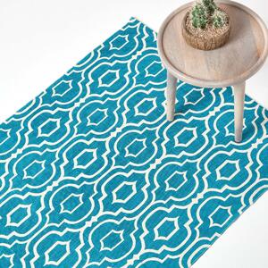 Riga Handwoven Teal and White 100% Cotton Printed Patterned Rug, 90 x 150 cm