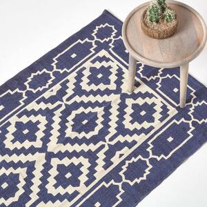 Halmastad Handwoven Blue and White Scandi Style 100% Cotton Printed Rug, 90 x 150 cm