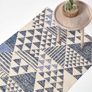 Delphi Handwoven Blue and White 100% Cotton Printed Triangular Pattern Rug, 90 x 150 cm