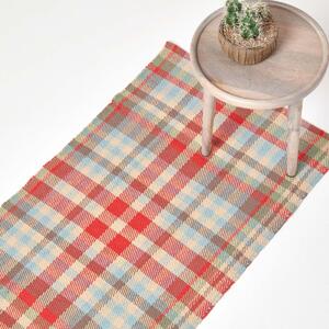 Ramsay Handwoven Red, Blue and Cream Tartan 100% Cotton Rug, 66 x 200 cm