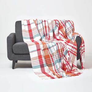 Red Tartan 100% Cotton Falun Throw with Tassels, 150 x 200 cm