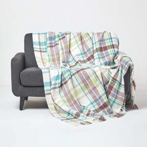 Green Tartan 100% Cotton Falun Throw with Tassels, 225 x 255 cm