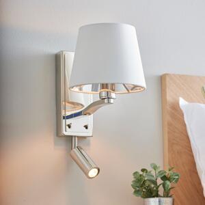 Endon 73027 Harvey 2 Light Wall And Spot Light In Bright Nickel With White Faux Silk Shade